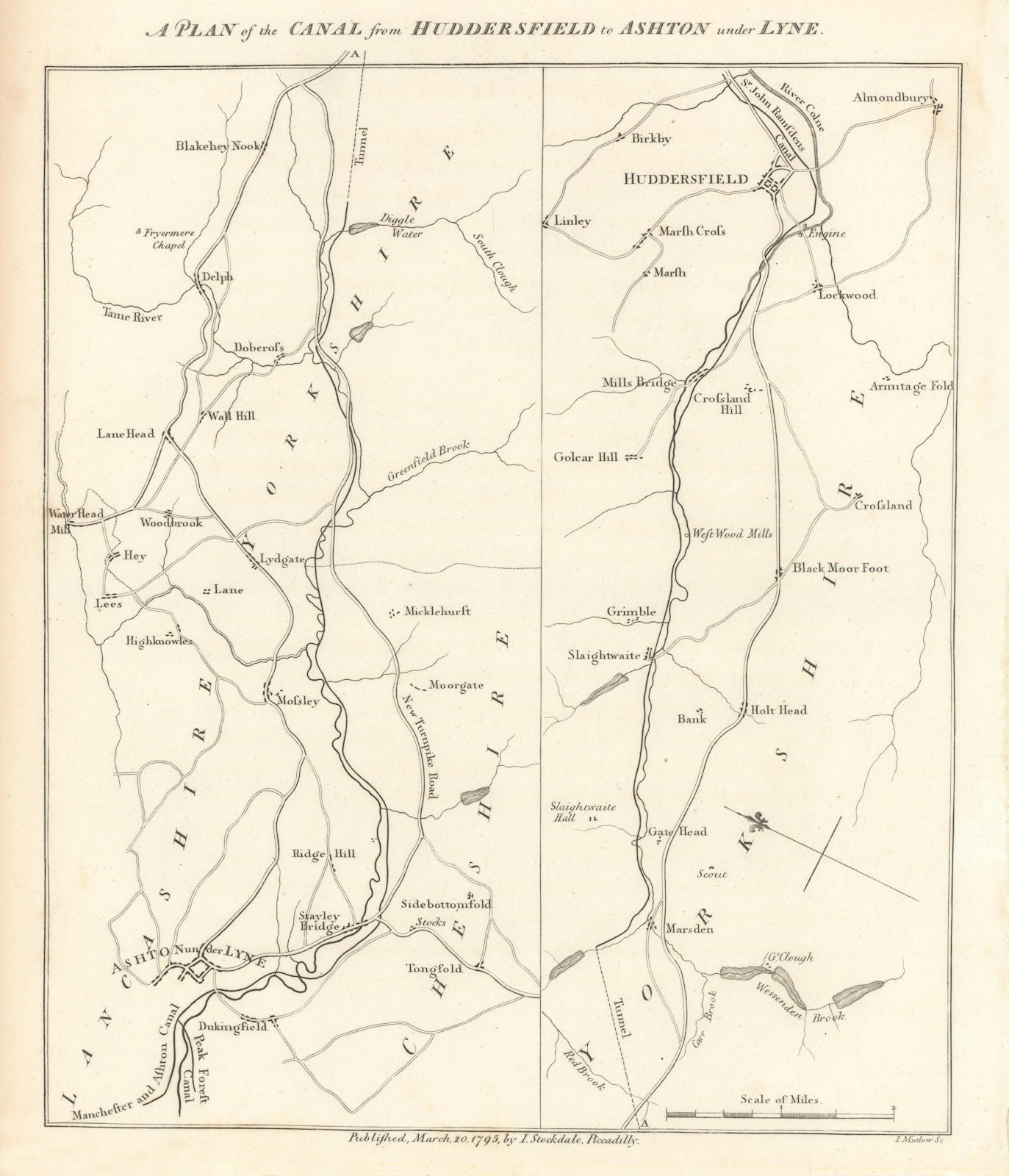 Huddersfield Narrow Canal to Ashton under Lyne. STOCKDALE 1795 old antique map